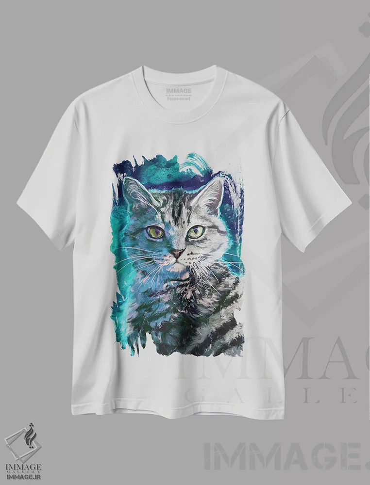تیشرت سفید طرح دار – تیشرت گربه ,گربه خط دار نقره ای اثر لوییز گلبی فروشگاه ایماژ