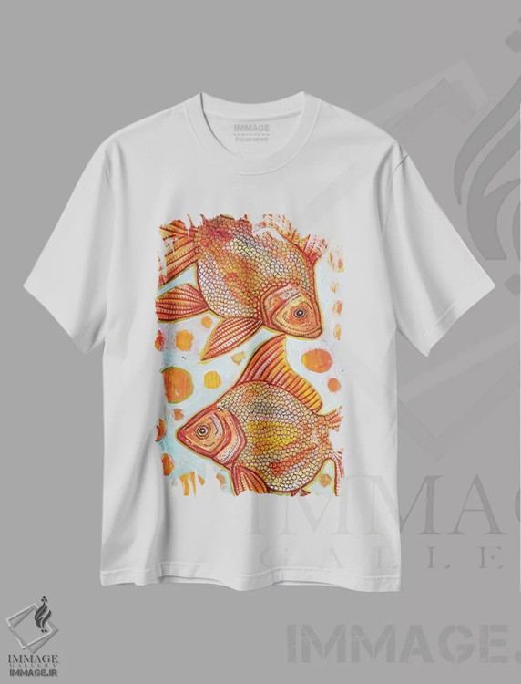 تیشرت سفید طرح دار – تیشرت طبیعت ,دو ماهی طلایی اثر لینت شلی immage.ir