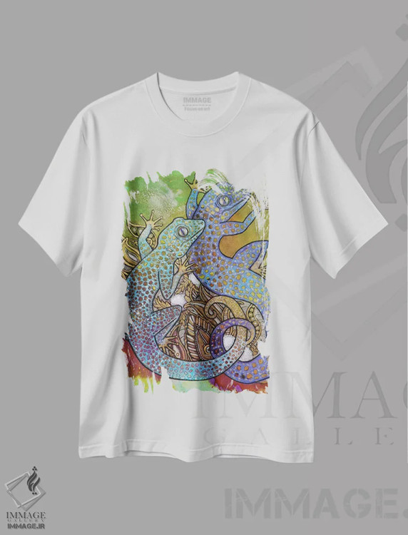 تیشرت سفید طرح دار – تیشرت حیوانات ,گکوهای آبی اثر لینت شلی فروشگاه ایماژ