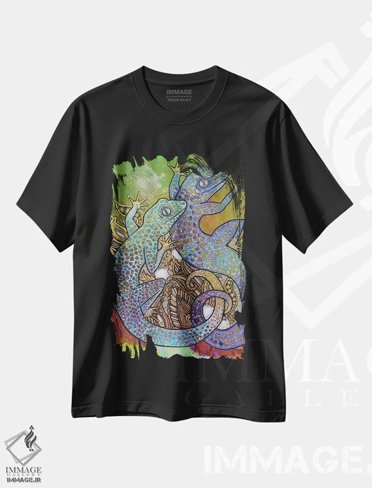 تیشرت مشکی طرح دار – تیشرت حیوانات ,گکوهای آبی اثر لینت شلی immage.ir