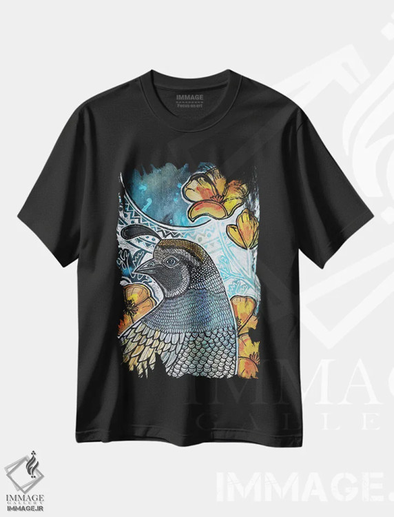 تیشرت مشکی طرح دار – تیشرت پرندگان ,بلدرچین کالیفرنیا اثر لینت شلی immage.ir