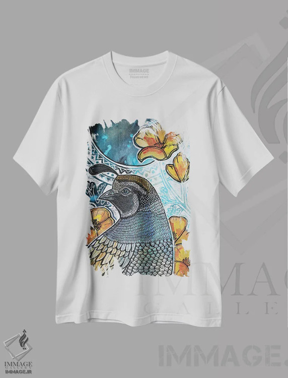 تیشرت سفید طرح دار – تیشرت پرندگان ,بلدرچین کالیفرنیا اثر لینت شلی فروشگاه ایماژ