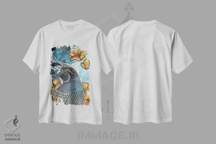 تیشرت سفید طرح دار – تیشرت پرندگان ,بلدرچین کالیفرنیا اثر لینت شلی فروشگاه ایماژ