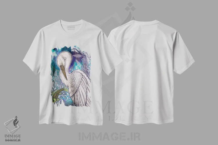 تیشرت سفید طرح دار – تیشرت طبیعت ,حواصیل سفید بزرگ اثر لینت شلی immage.ir