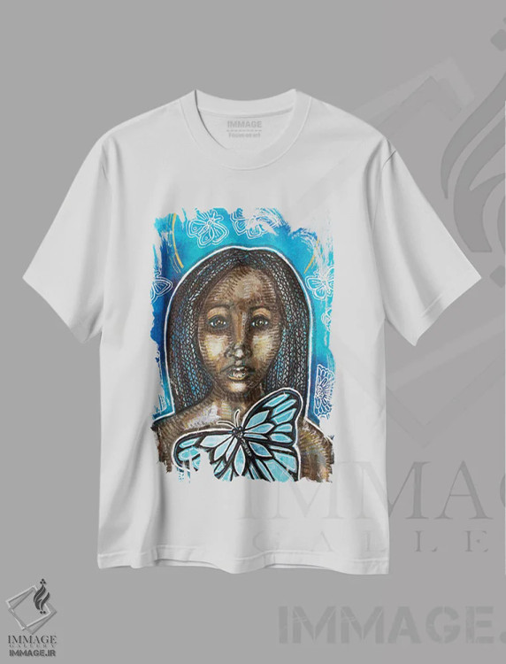 تیشرت سفید طرح دار – تیشرت انتزاعی ,بر بال های آبی اثر لینت شلی فروشگاه ایماژ