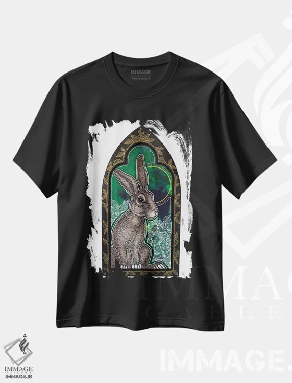 تیشرت مشکی طرح دار – تیشرت حیوانات ,خرگوش وحشی در سبزه زار اثر لینت شلی فروشگاه ایماژ