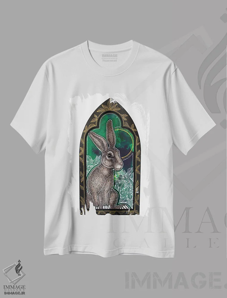 تیشرت سفید طرح دار – تیشرت حیوانات ,خرگوش وحشی در سبزه زار اثر لینت شلی immage.ir