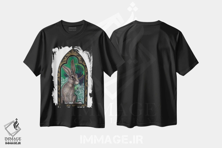 تیشرت مشکی طرح دار – تیشرت حیوانات ,خرگوش وحشی در سبزه زار اثر لینت شلی فروشگاه ایماژ