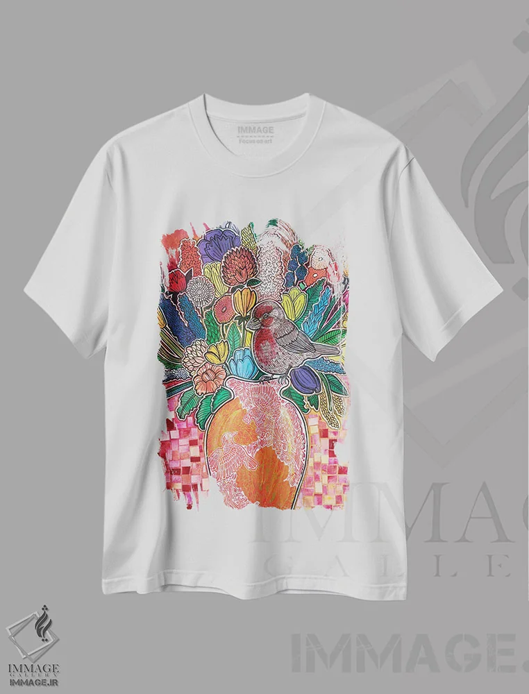 تیشرت سفید طرح دار – تیشرت هنری ,فنچ گل سرخ شکوفا اثر لینت شلی فروشگاه ایماژ