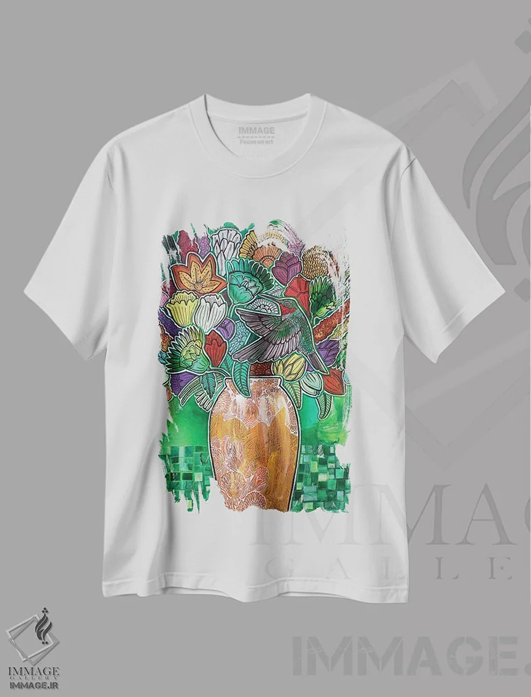 تیشرت سفید طرح دار – تیشرت طبیعت ,دسته گل روبی اثر لینت شلی immage.ir