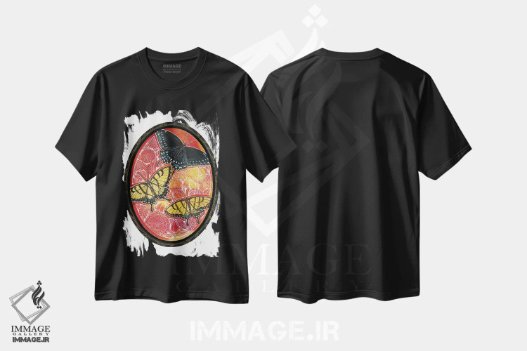 تیشرت مشکی طرح دار – تیشرت طبیعت ,باغ پروانه دم چلچله ای اثر لینت شلی فروشگاه ایماژ