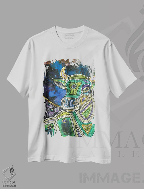 تیشرت سفید طرح دار – تیشرت هنری ,گاو مقدس اثر لینت شلی immage.ir