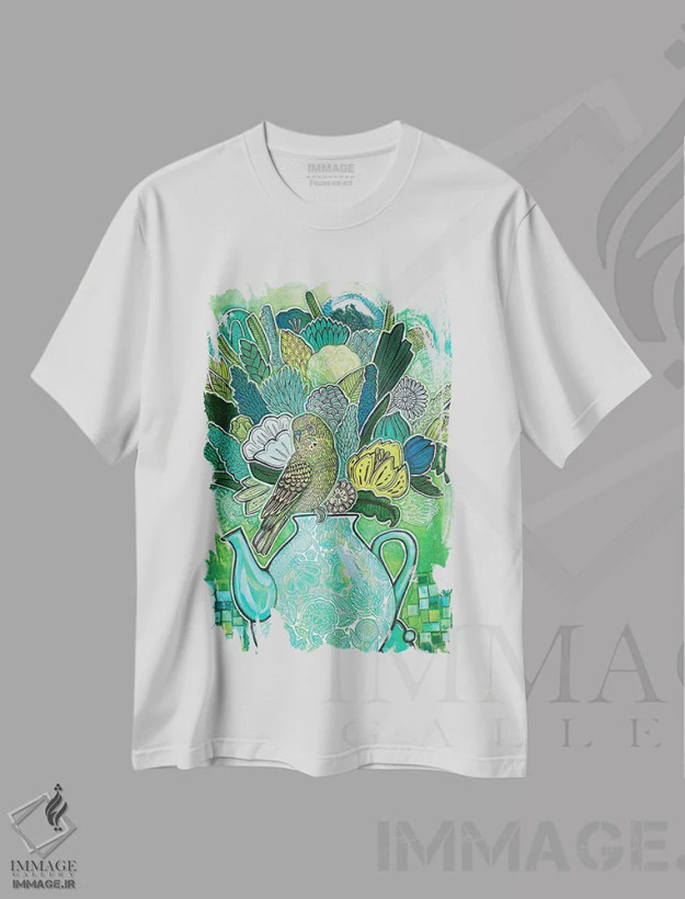 تیشرت سفید طرح دار – تیشرت هنری ,چای سبز اثر لینت شلی فروشگاه ایماژ