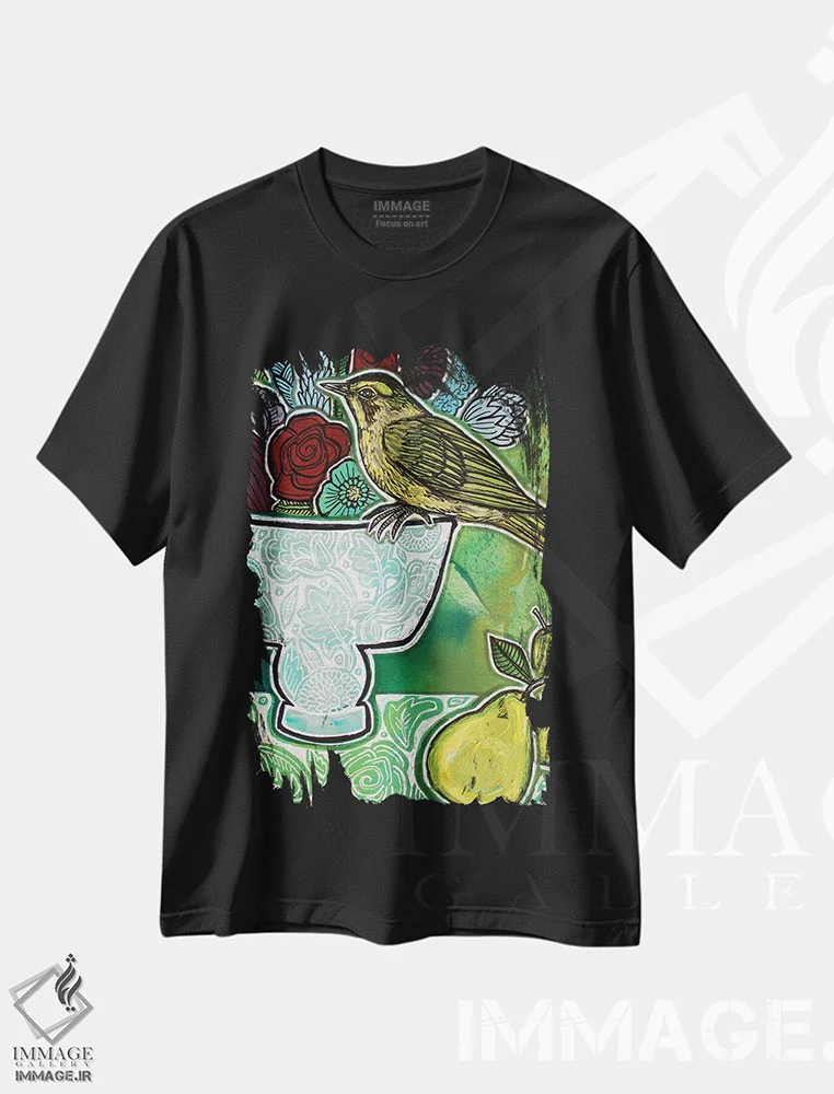 تیشرت مشکی طرح دار – تیشرت طبیعت ,سسک با گلابی های سبز اثر لینت شلی فروشگاه ایماژ