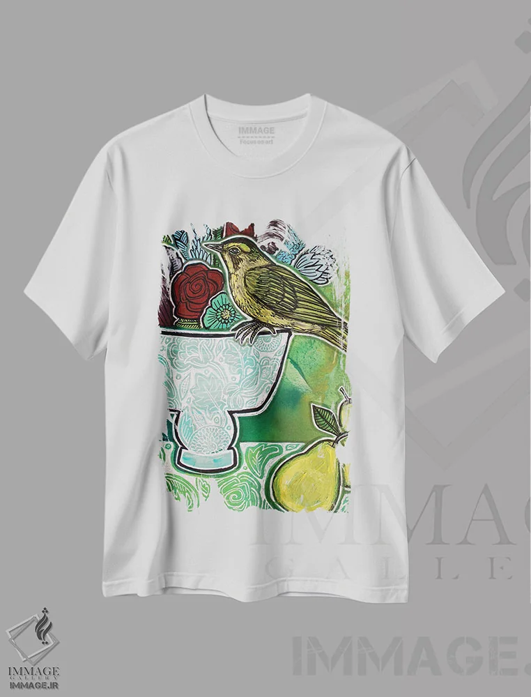 تیشرت سفید طرح دار – تیشرت طبیعت ,سسک با گلابی های سبز اثر لینت شلی immage.ir