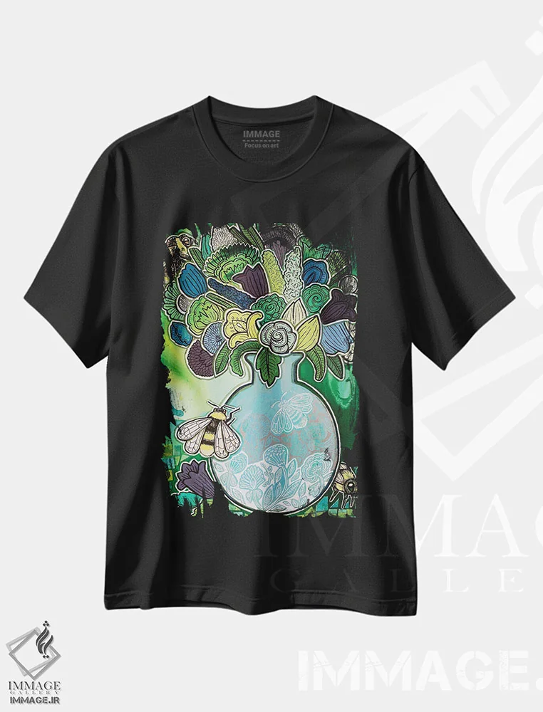 تیشرت مشکی طرح دار – تیشرت طبیعت ,زنبورها و شکوفه ها اثر لینت شلی immage.ir