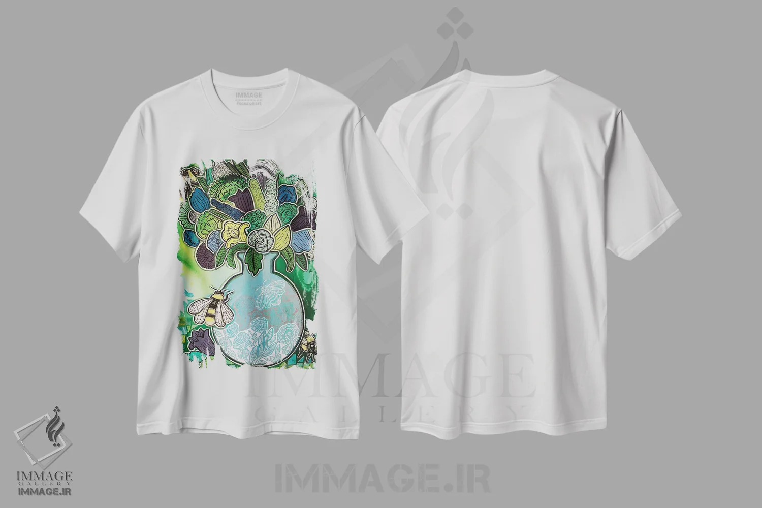 تیشرت سفید طرح دار – تیشرت طبیعت ,زنبورها و شکوفه ها اثر لینت شلی فروشگاه ایماژ