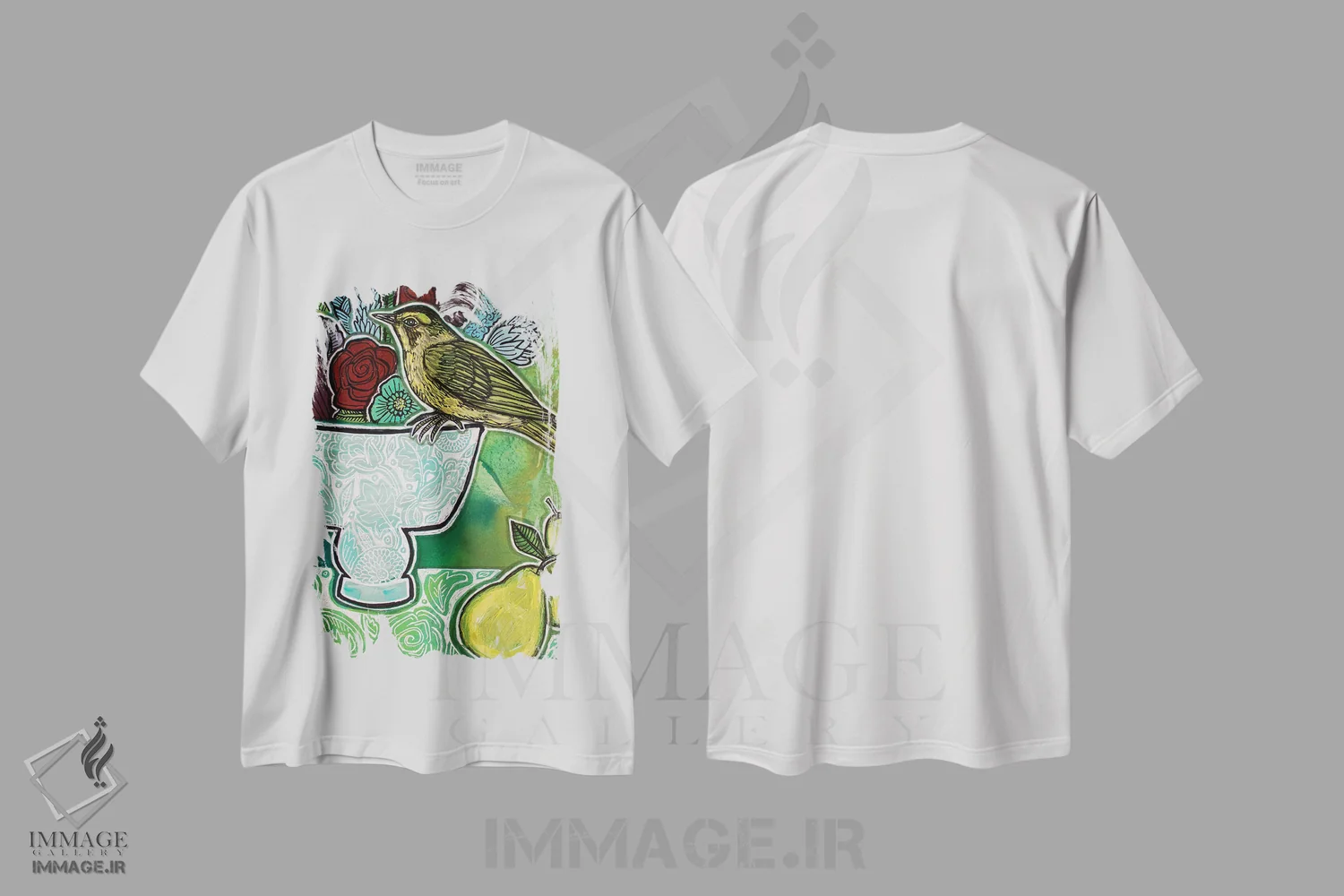 تیشرت سفید طرح دار – تیشرت طبیعت ,سسک با گلابی های سبز اثر لینت شلی immage.ir