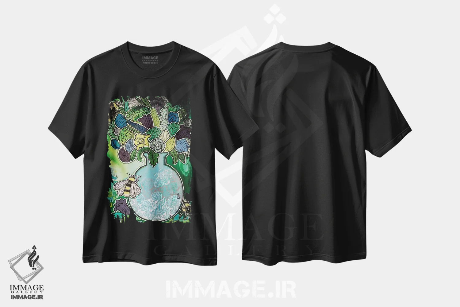 تیشرت مشکی طرح دار – تیشرت طبیعت ,زنبورها و شکوفه ها اثر لینت شلی immage.ir