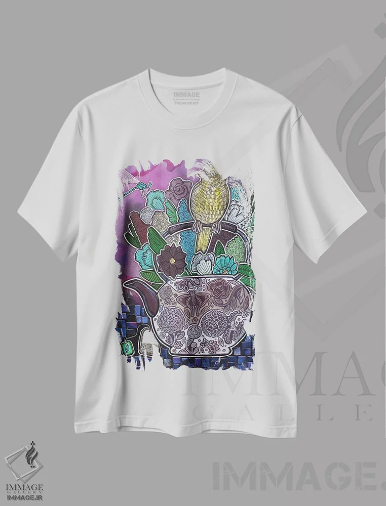 تیشرت سفید طرح دار – تیشرت هنری آرامش ,چای و همدردی اثر لینت شلی فروشگاه ایماژ