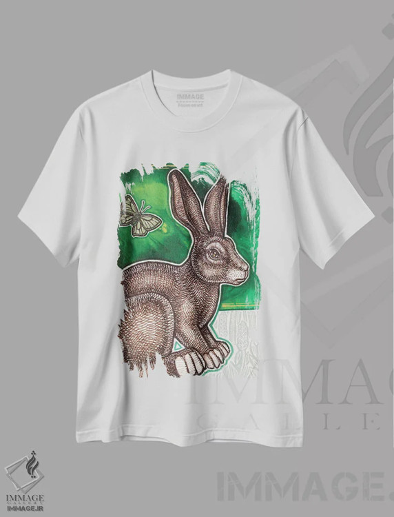 تیشرت سفید طرح دار – تیشرت هنری طبیعت ,خرگوش در مزرعه اثر لینت شلی فروشگاه ایماژ