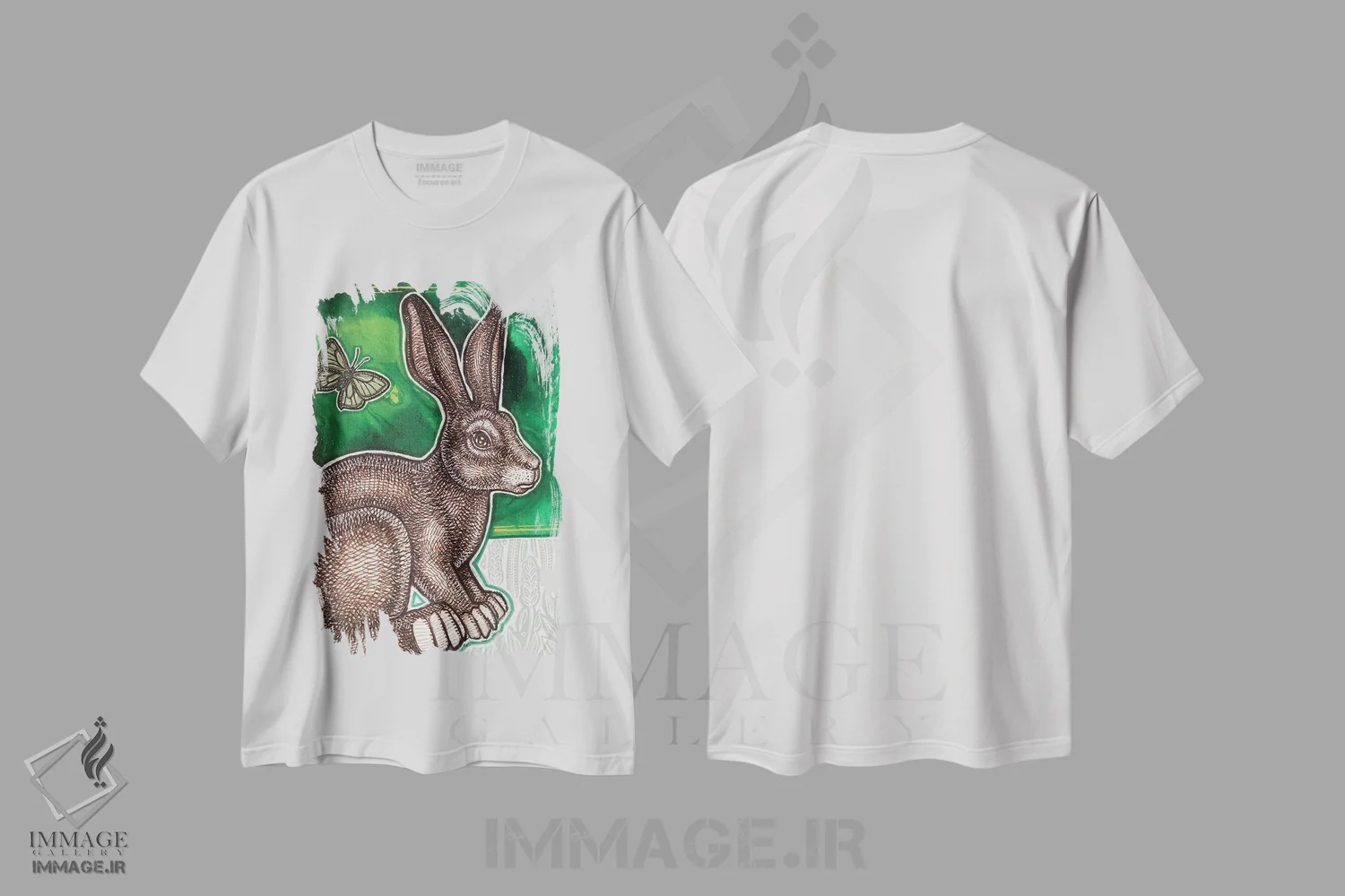 تیشرت سفید طرح دار – تیشرت هنری طبیعت ,خرگوش در مزرعه اثر لینت شلی فروشگاه ایماژ