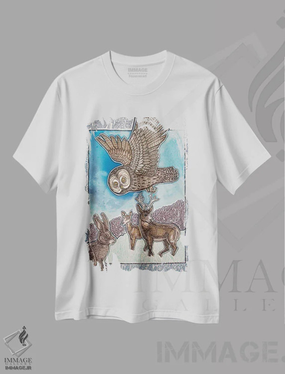 تیشرت سفید طرح دار – تیشرت حیوانات ,بر فراز دشت و جنگل اثر لینت شلی immage.ir