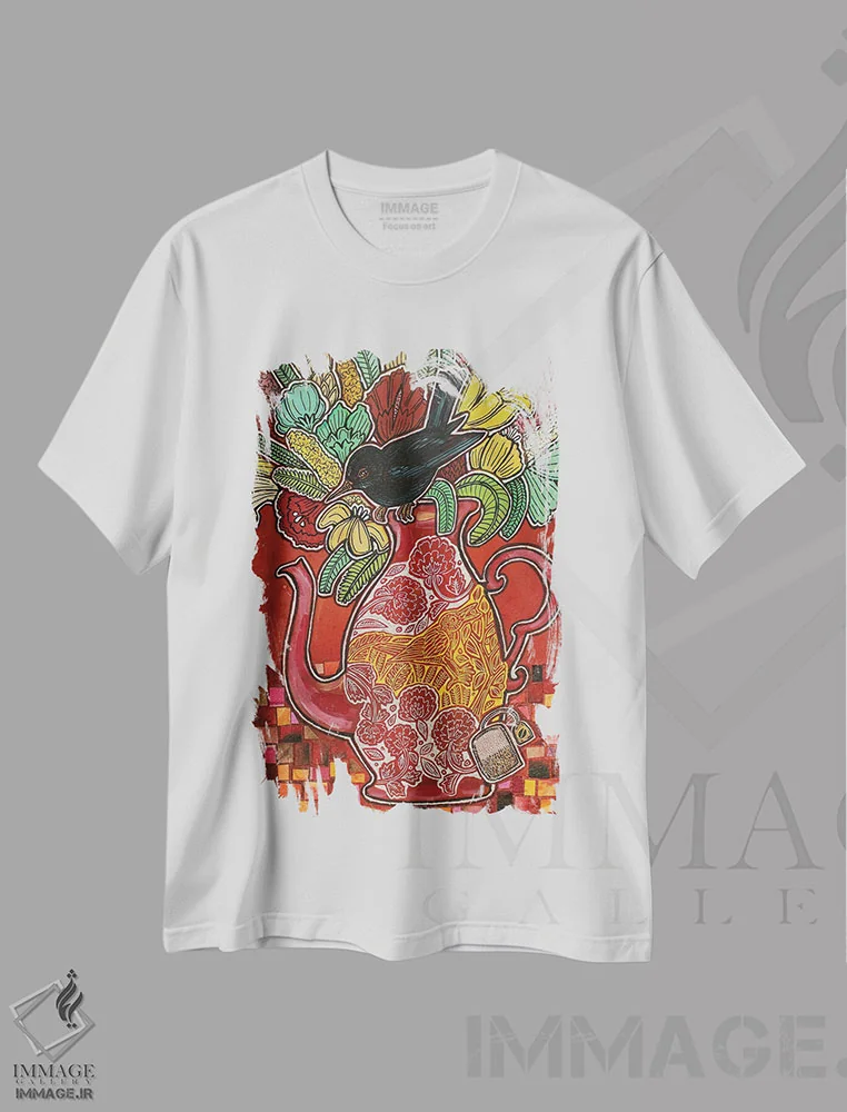 تیشرت سفید طرح دار – تیشرت هنری ,چای سیاه اثر لینت شلی immage.ir