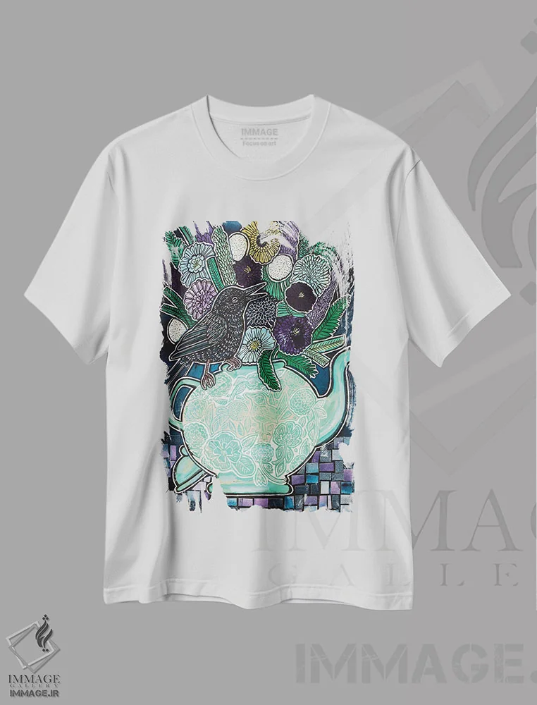 تیشرت سفید طرح دار – تیشرت هنری ,چای و گپ اثر لینت شلی فروشگاه ایماژ