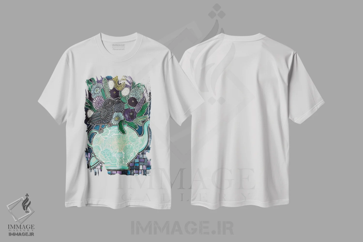 تیشرت سفید طرح دار – تیشرت هنری ,چای و گپ اثر لینت شلی فروشگاه ایماژ