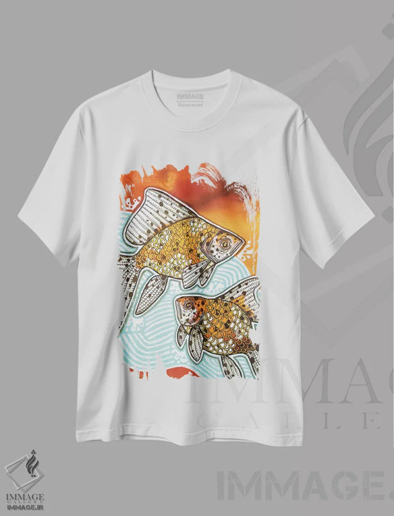 تیشرت سفید طرح دار – تیشرت طبیعت ,دو ماهی طلایی خال دار اثر لینت شلی immage.ir