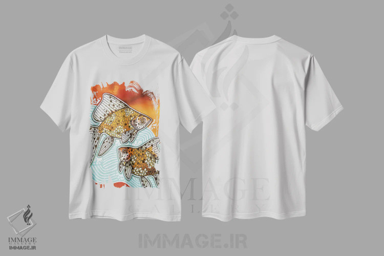 تیشرت سفید طرح دار – تیشرت طبیعت ,دو ماهی طلایی خال دار اثر لینت شلی immage.ir