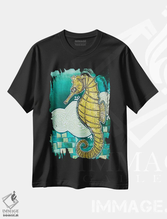 تیشرت مشکی طرح دار – تیشرت دریایی ,اسب دریایی خجالتی اثر لینت شلی immage.ir