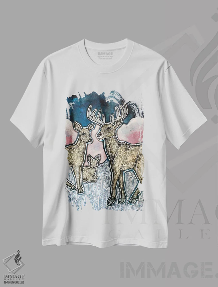 تیشرت سفید طرح دار – تیشرت طبیعت ,آهو در غروب اثر لینت شلی immage.ir