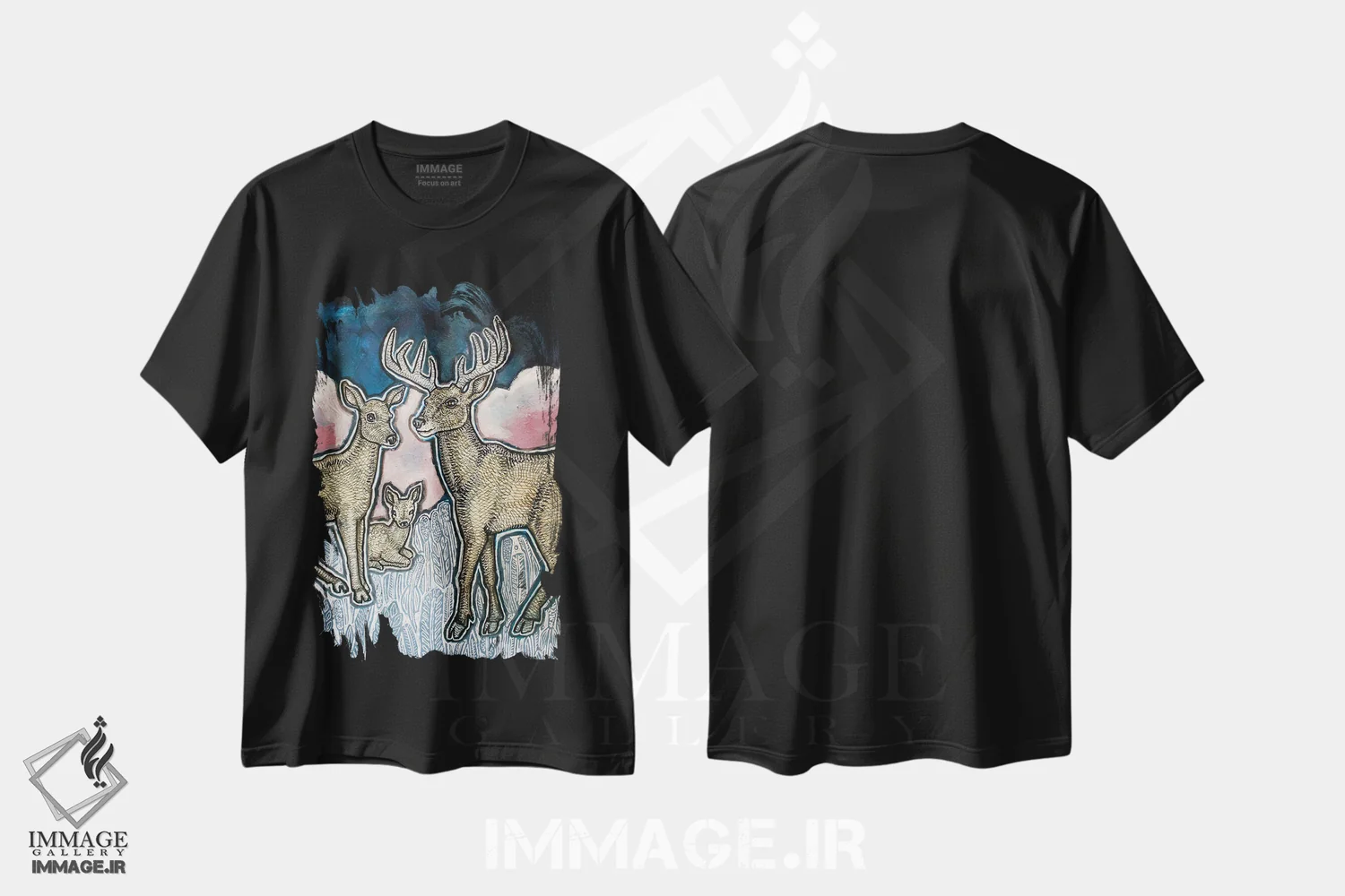 تیشرت مشکی طرح دار – تیشرت طبیعت ,آهو در غروب اثر لینت شلی فروشگاه ایماژ