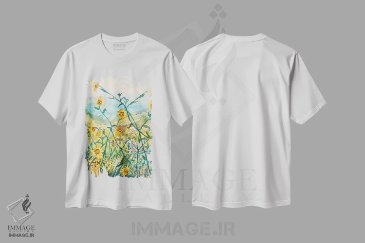 تیشرت سفید طرح دار – تیشرت گل ,مرواریدهای زرد اثر لویزا میلیسنت فروشگاه ایماژ
