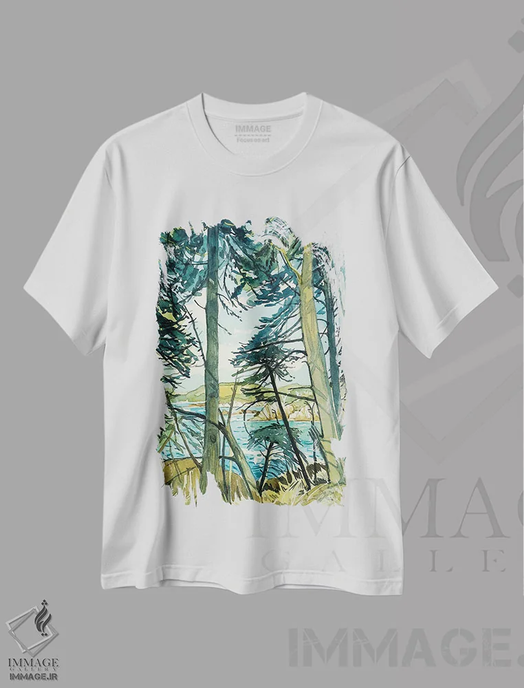 تیشرت سفید طرح دار – تیشرت طبیعت ,درختان کاج پوینت لوبوس اثر لویزا میلیسنت فروشگاه ایماژ
