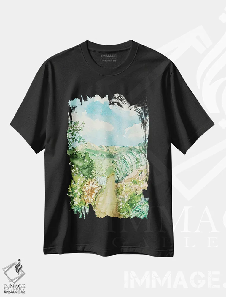 تیشرت مشکی طرح دار – تیشرت طبیعت ,مسیر خلوت اثر لویزا میلیسنت فروشگاه ایماژ