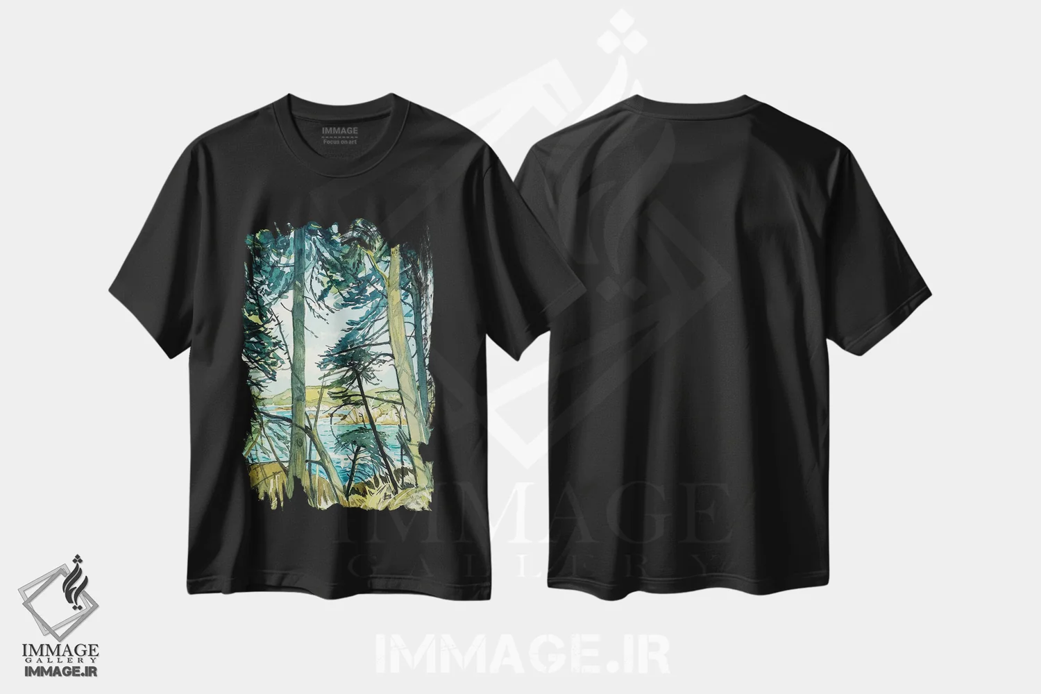 تیشرت مشکی طرح دار – تیشرت طبیعت ,درختان کاج پوینت لوبوس اثر لویزا میلیسنت immage.ir