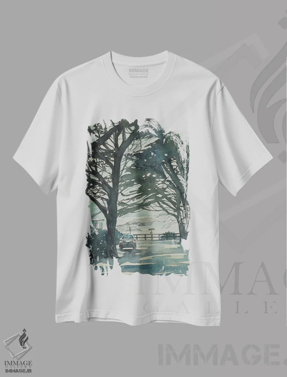 تیشرت سفید طرح دار – تیشرت طبیعت ,کاج های کرمل و مونتری اثر لویزا میلیسنت فروشگاه ایماژ
