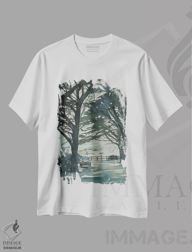 تیشرت سفید طرح دار – تیشرت طبیعت ,کاج های کرمل و مونتری اثر لویزا میلیسنت فروشگاه ایماژ