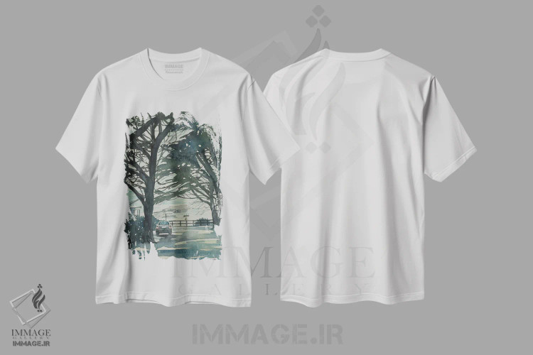 تیشرت سفید طرح دار – تیشرت طبیعت ,کاج های کرمل و مونتری اثر لویزا میلیسنت فروشگاه ایماژ