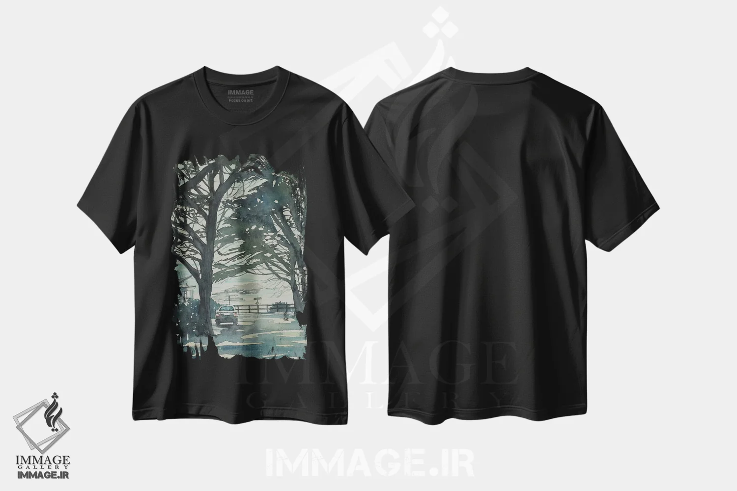 تیشرت مشکی طرح دار – تیشرت طبیعت ,کاج های کرمل و مونتری اثر لویزا میلیسنت immage.ir