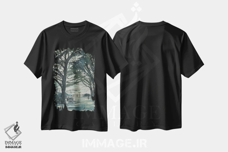 تیشرت مشکی طرح دار – تیشرت طبیعت ,کاج های کرمل و مونتری اثر لویزا میلیسنت immage.ir