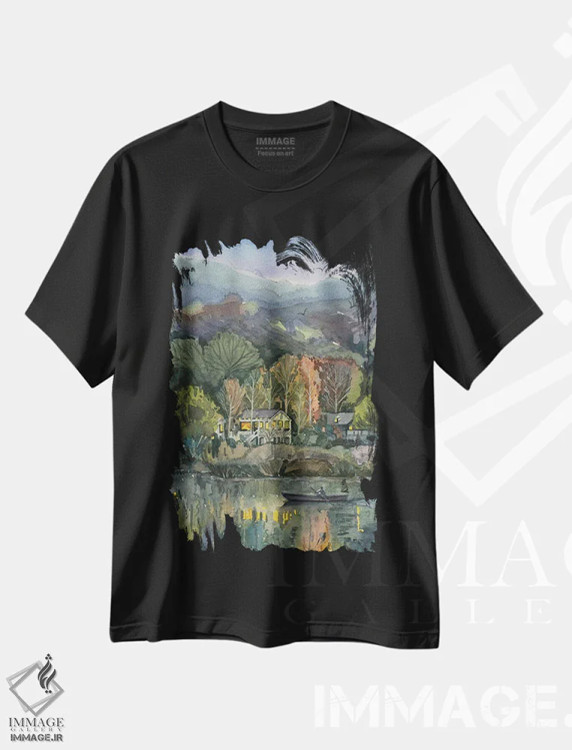 تیشرت مشکی طرح دار – تیشرت هنری ,عصر نوامبر در دریاچه مالیبو اثر لویزا میلیسنت فروشگاه ایماژ