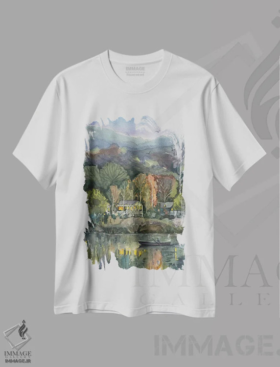 تیشرت سفید طرح دار – تیشرت هنری ,عصر نوامبر در دریاچه مالیبو اثر لویزا میلیسنت immage.ir