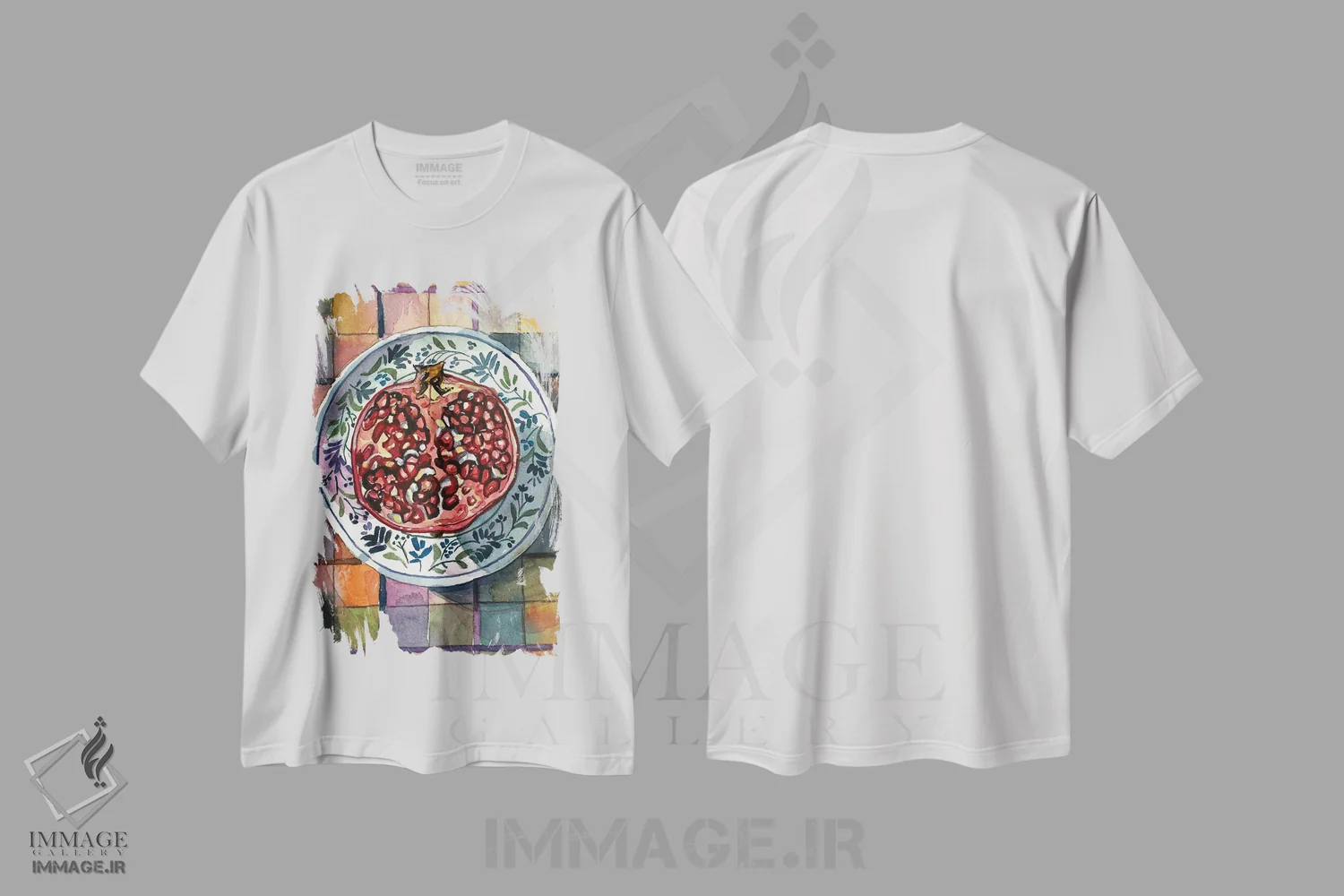 تیشرت سفید طرح دار – تیشرت هنری ,لذت انار اثر لویزا میلیسنت فروشگاه ایماژ