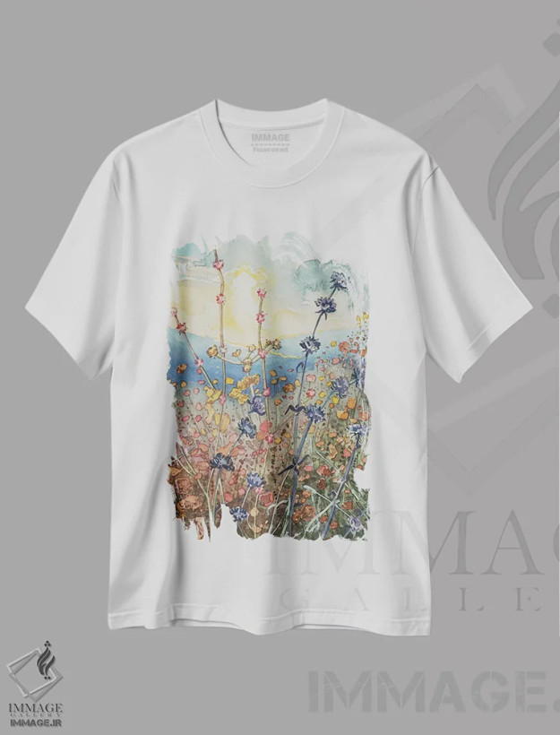 تیشرت سفید طرح دار – تیشرت انتزاعی ,گل های دره تونا در غروب اثر لویزا میلیسنت فروشگاه ایماژ