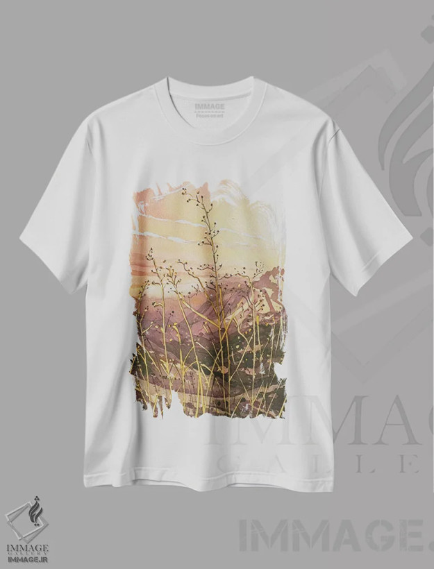 تیشرت سفید طرح دار – تیشرت طبیعت گردی ,نور طلایی دره اثر لویزا میلیسنت فروشگاه ایماژ