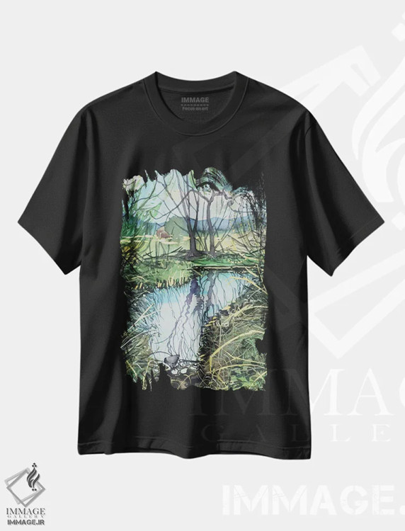 تیشرت مشکی طرح دار – تیشرت طبیعت ,آب راکد در نهر مدئا اثر لویزا میلیسنت فروشگاه ایماژ